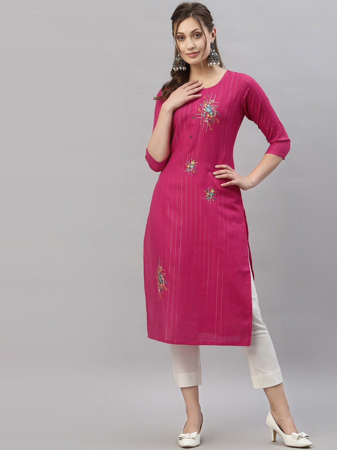 SANISA Women Pink Floral Embroidered Kurta 
SANISA Women Pink Floral Embroidered Kurta