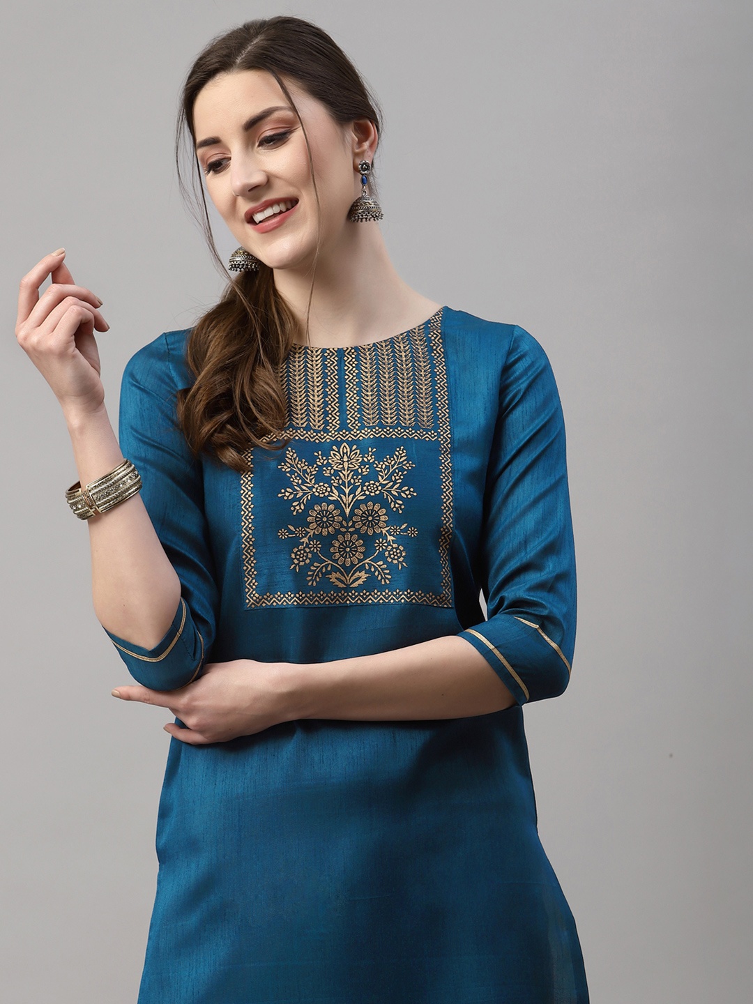 SANISA Women Teal Floral Print Straight Kurta