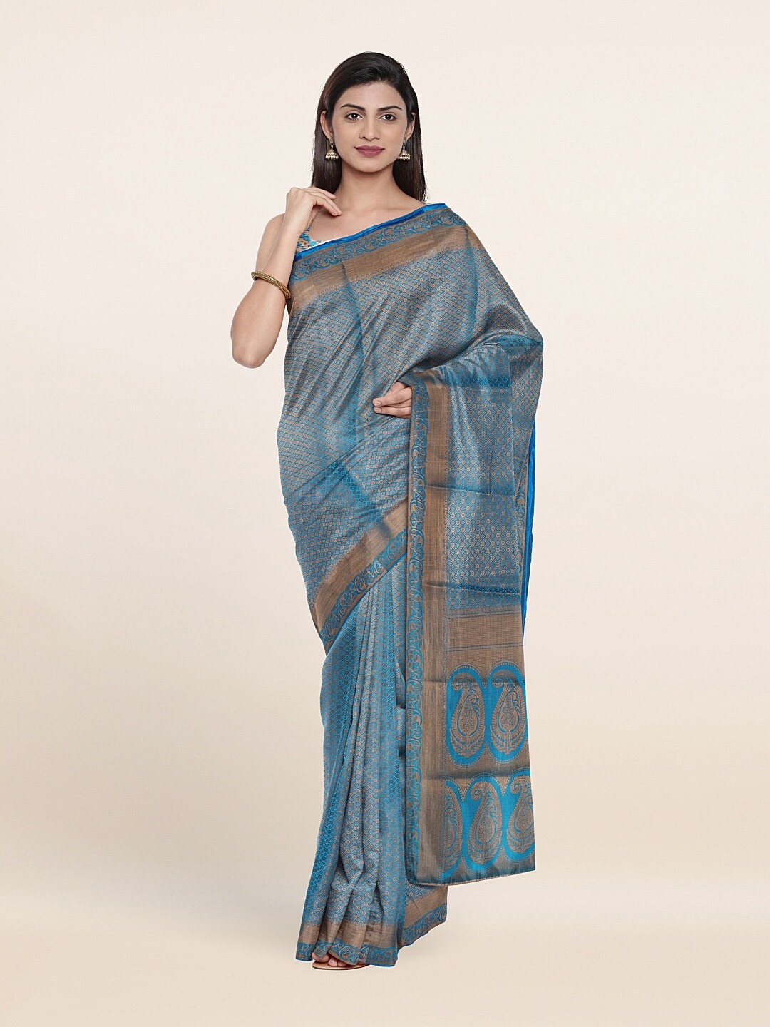 Pothys Blue & Gold-Toned Woven Design Zari Art Silk Saree