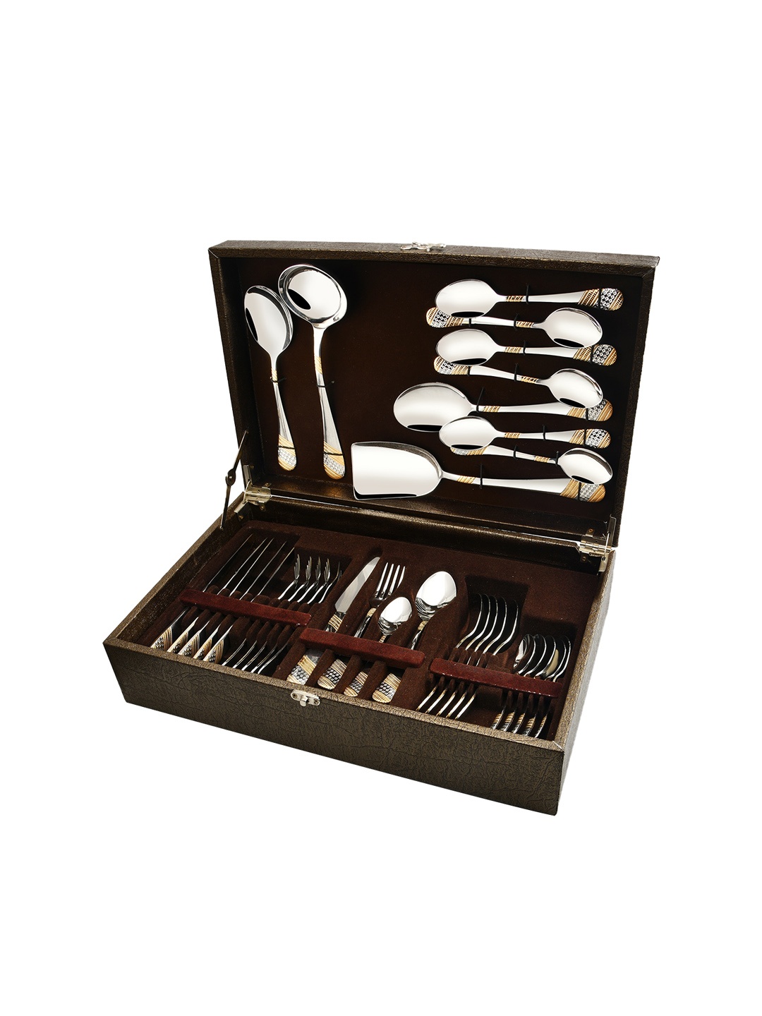 FNS Imperio 24 Karat Gold Plated Cutlery Set with Leatherette Box, Silver
FNS Imperio 24 Karat Gold Plated Cutlery Set with Leatherette Box, Silver