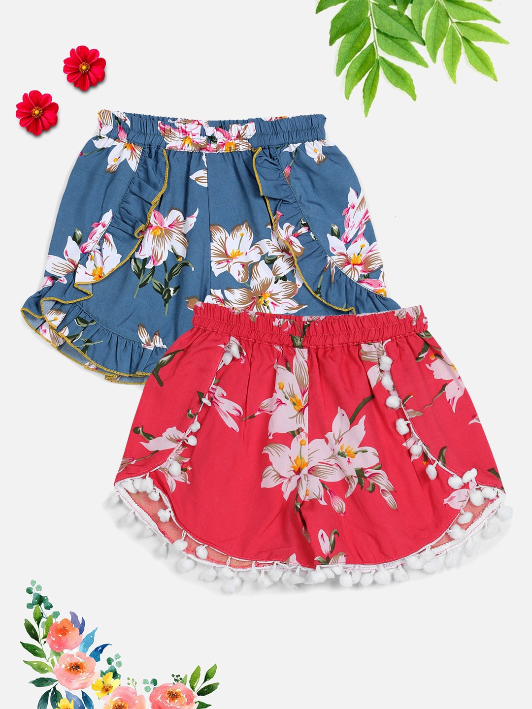 Cutiekins Girls Grey & Pink Set Of 2 Floral Printed Shorts