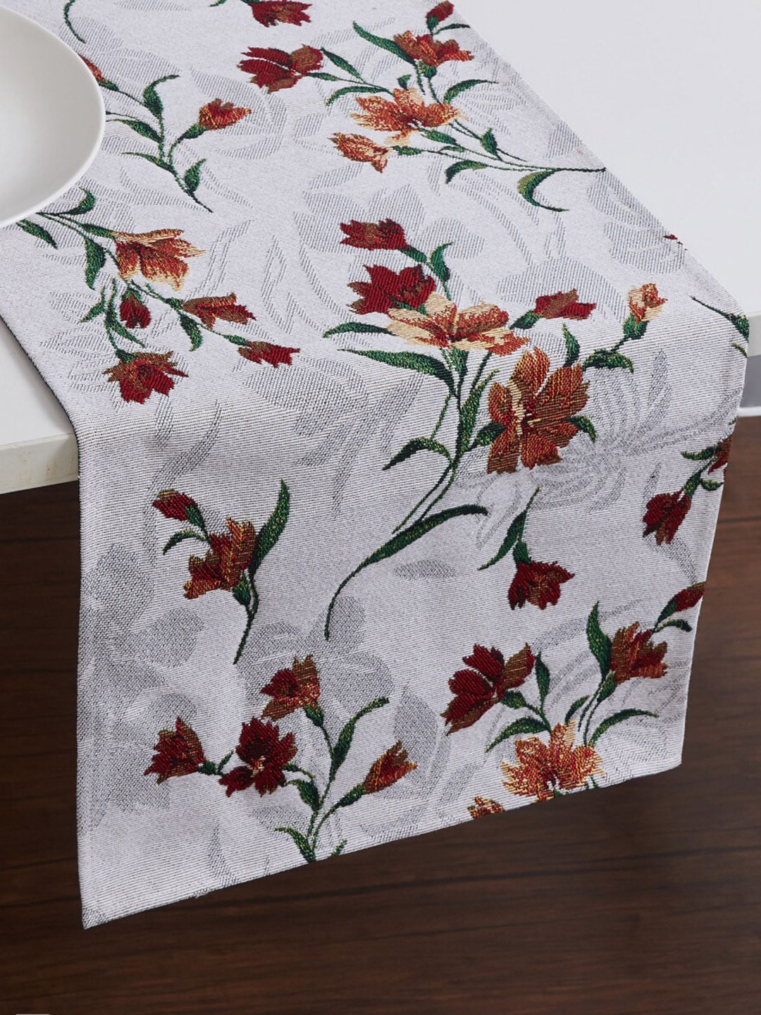 Home Centre White & Red Printed Table Runner