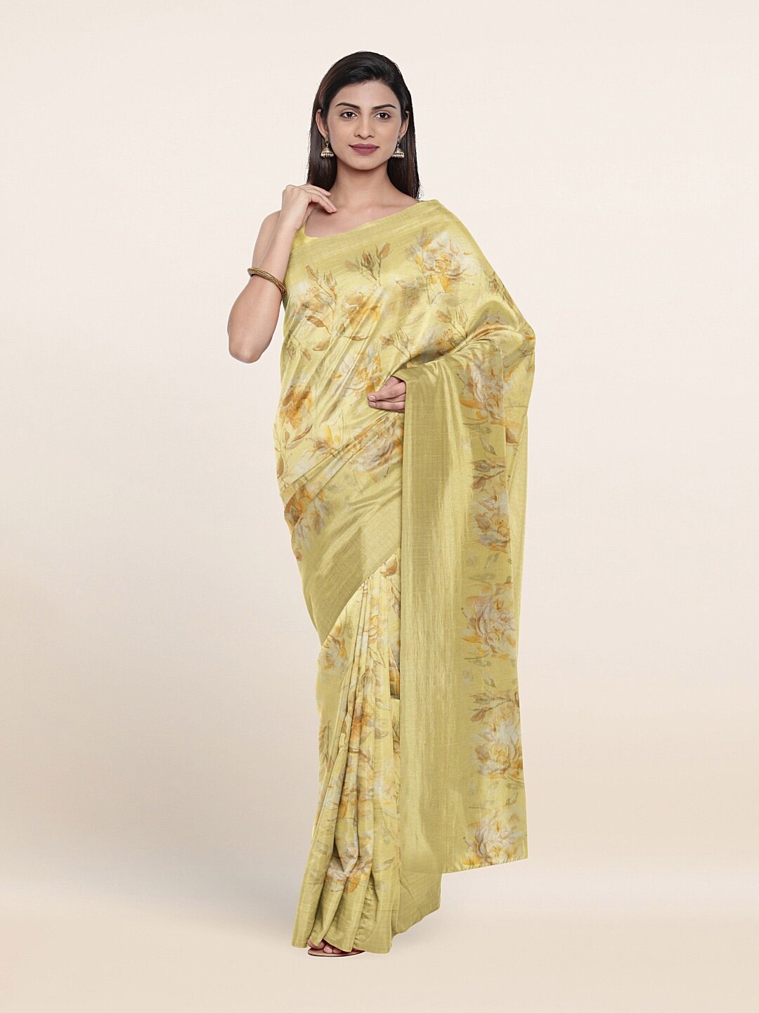 Pothys Yellow & Brown Floral Printed Saree