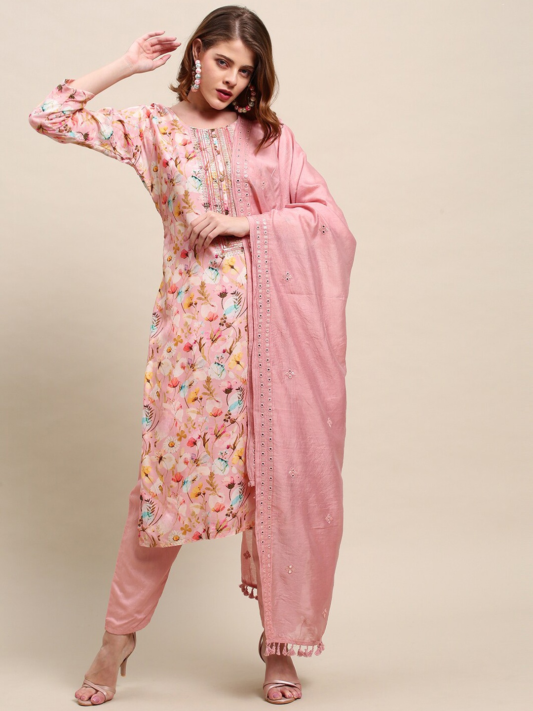 FASHOR Women Pink & Yellow Floral Printed Muslin Silk Kurta with Trousers & With Dupatta
FASHOR Women Pink & Yellow Floral Printed Muslin Silk Kurta with Trousers & With Dupatta