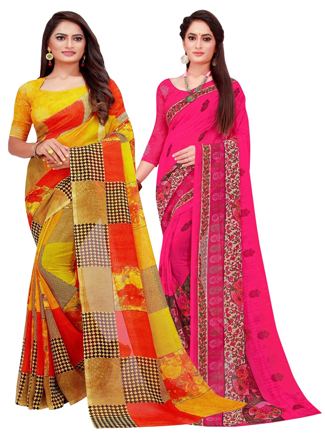 Florence Set Of 2 Magenta & Yellow Floral Pure Georgette Saree