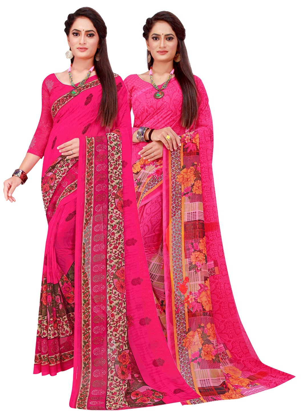 KALINI Pack Of 2 Magenta Floral Georgette Saree