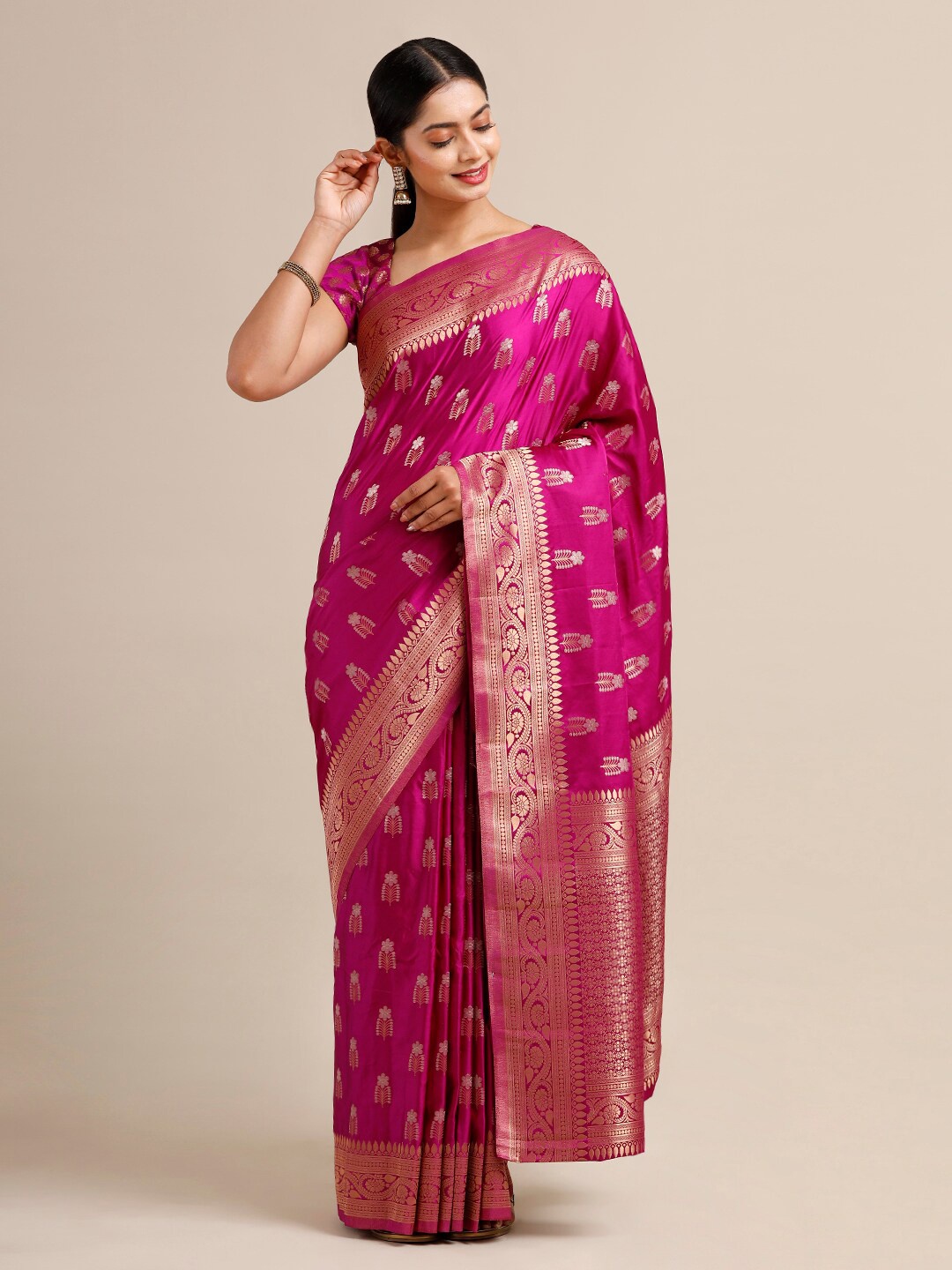 SAMITTE Magenta & Golden Zari Satin Kanjeevaram Saree