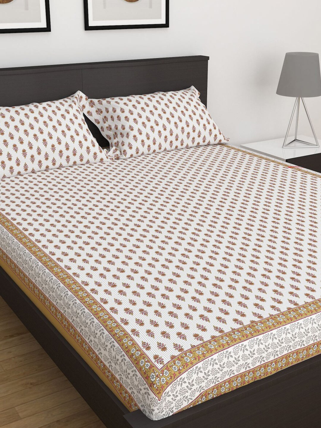 Home Centre 150 TC India Inspired Beige Frame Cotton King Bedsheet with 2 Pillow Covers, White
Home Centre 150 TC India Inspired Beige Frame Cotton King Bedsheet with 2 Pillow Covers, White