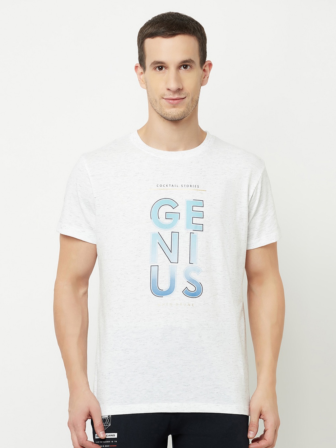 Octave Men White & Blue Typography Printed T-shirt