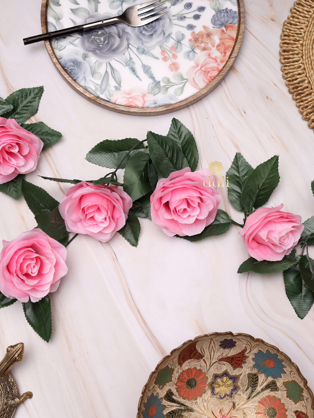 DULI Pink & Green Rose Artificial Flower Decorative Vines