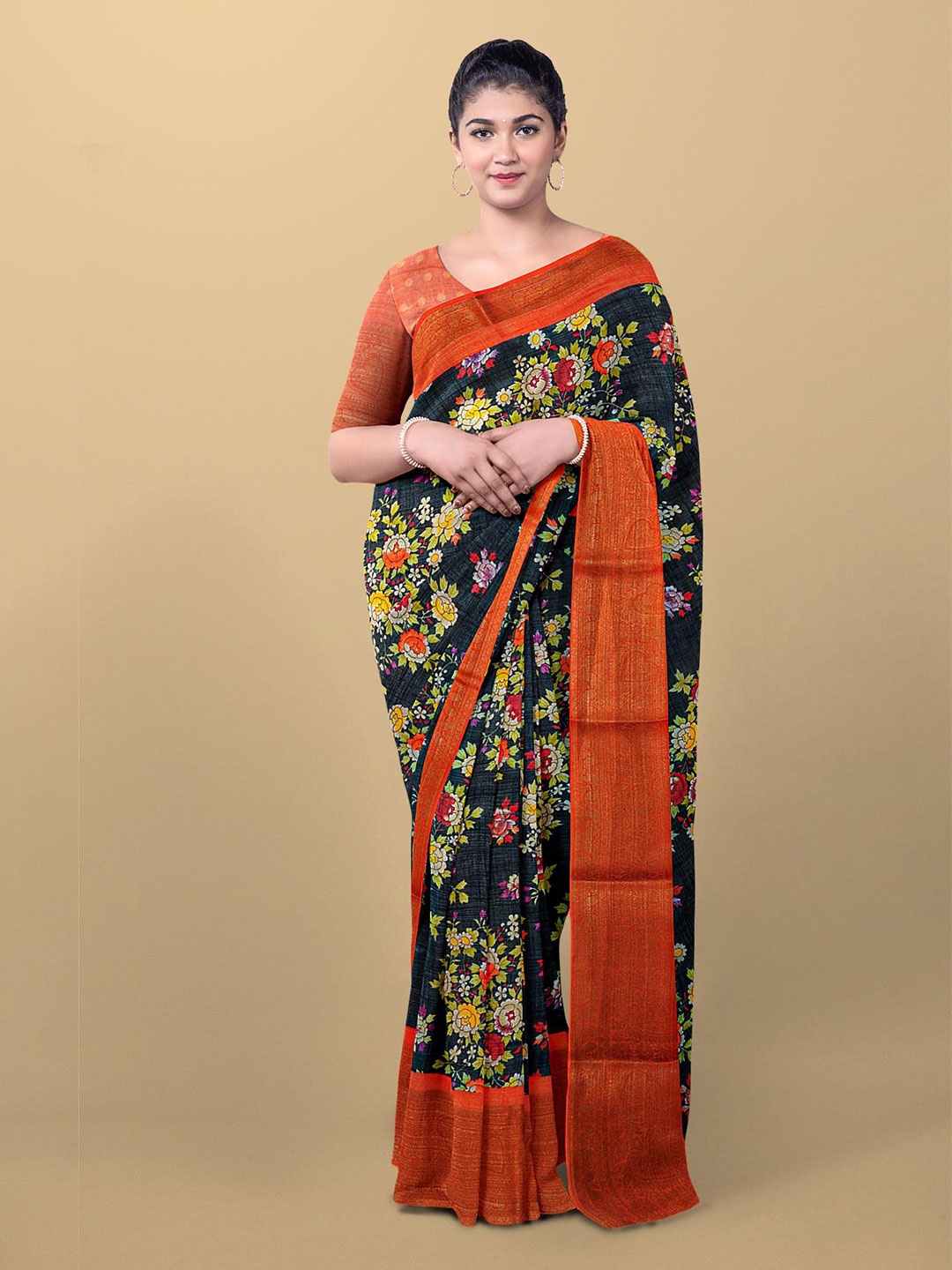 Kalamandir Black & Red Floral Linen Blend Saree