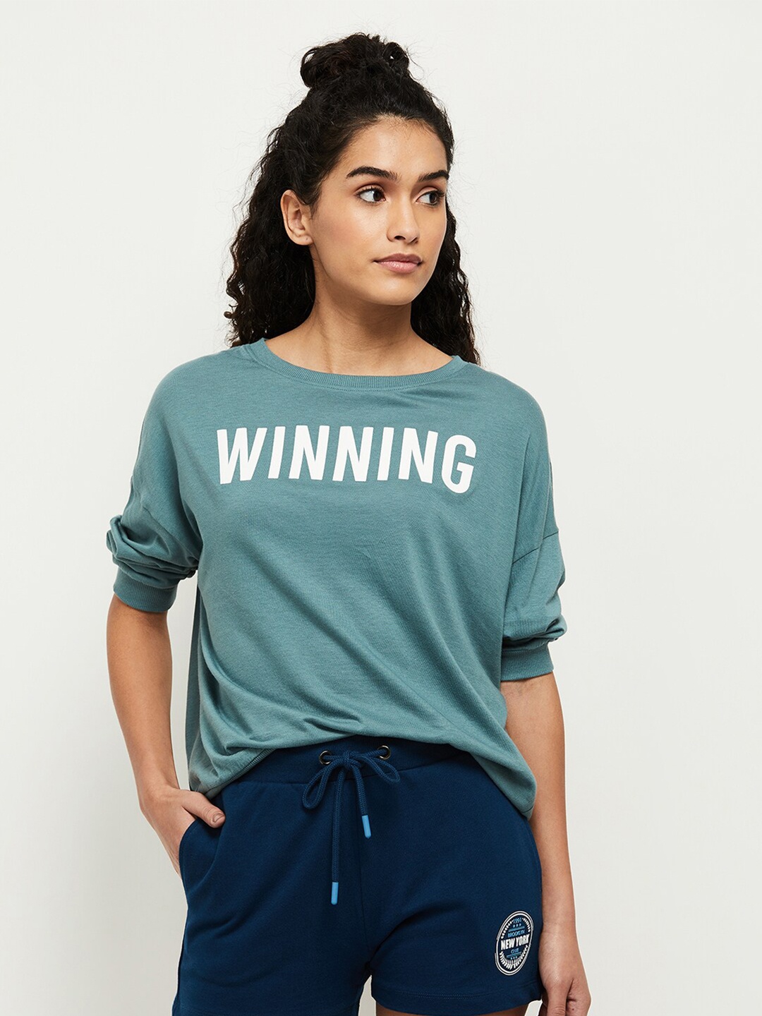 max Women Green Typography Printed Drop-Shoulder Sleeves T-shirt