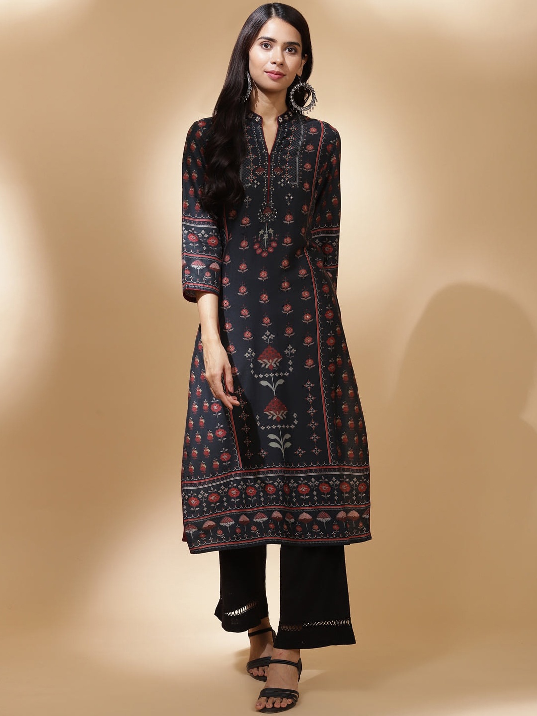 Lakshita Women Charcoal Ethnic Motifs Printed Mirror Work Kurta
