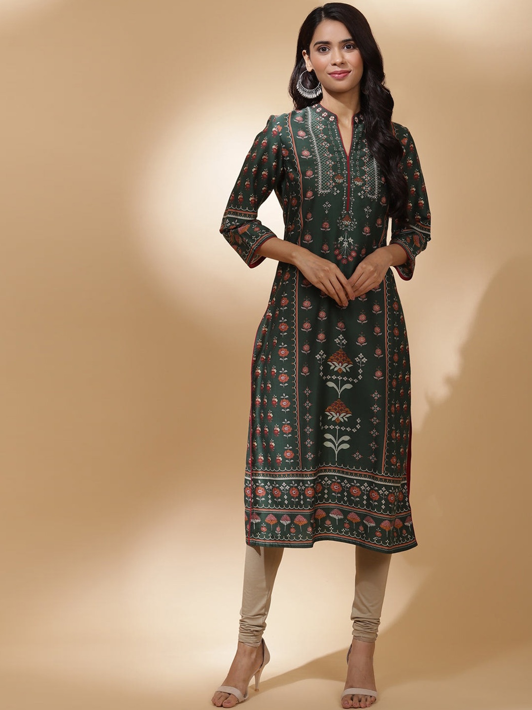 Lakshita Women Green Ethnic Motifs Printed Mirror Work Kurta