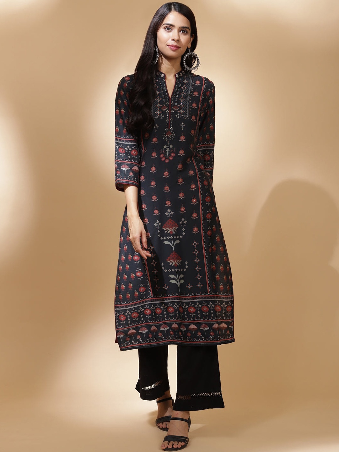 Lakshita Women Charcoal Ethnic Motifs Printed Mirror Work Kurta