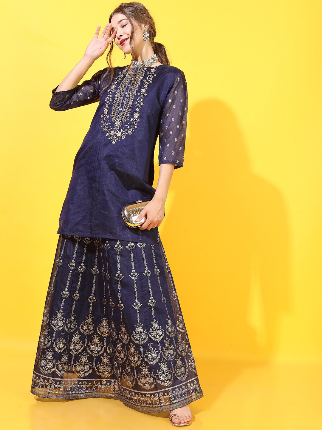 Vishudh Women Blue Ethnic Motifs Yoke Design Thread Work Chanderi Cotton Kurta with Skirt
Vishudh Women Blue Ethnic Motifs Yoke Design Thread Work Chanderi Cotton Kurta with Skirt