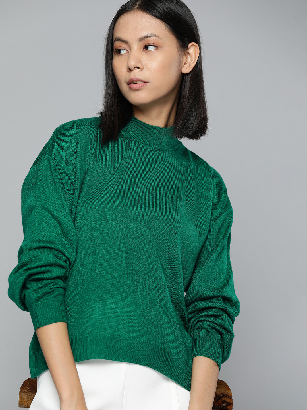 ether Women High Neck Pullover, Green 
ether Women High Neck Pullover, Green
