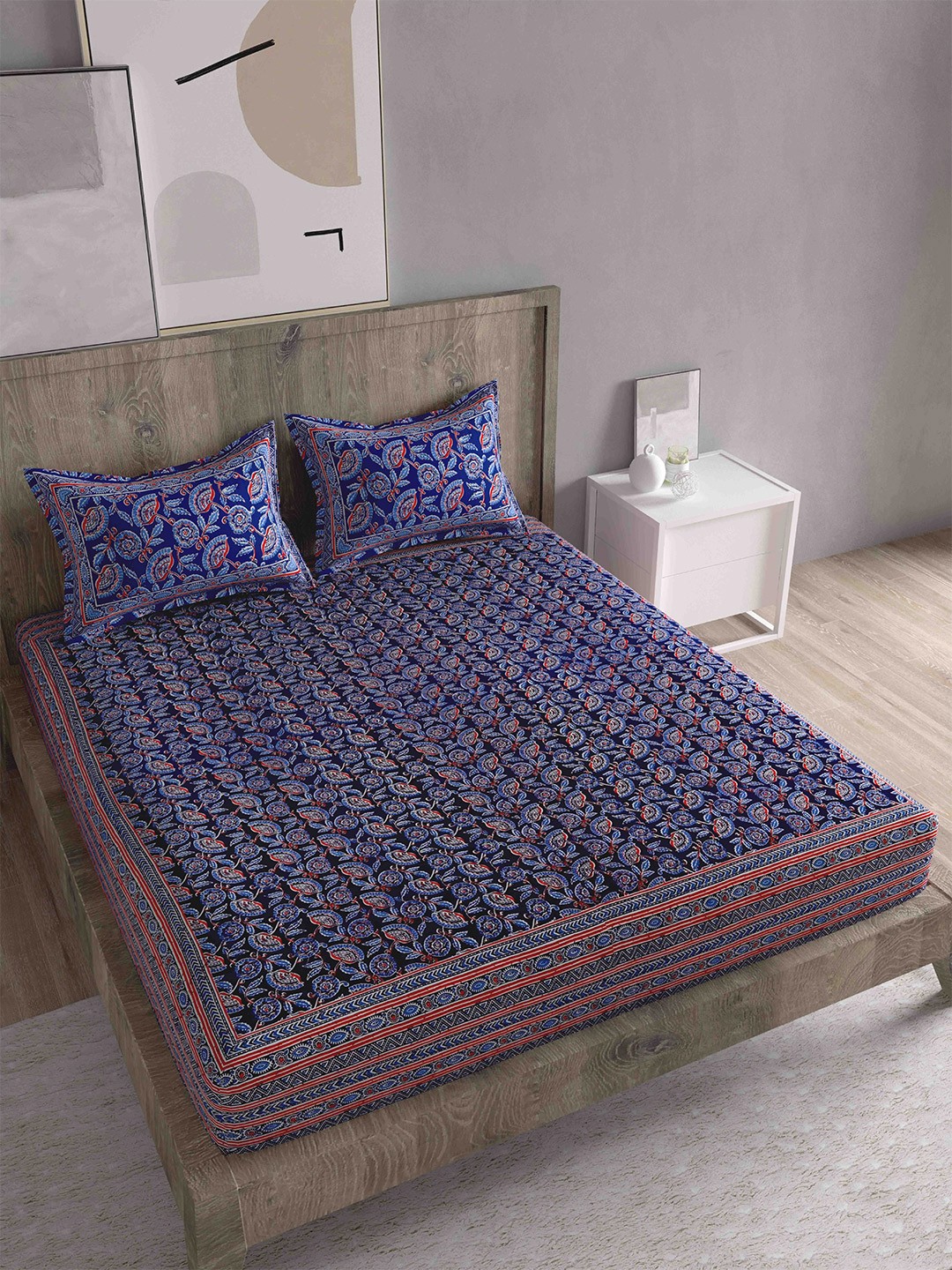 Spangle Blue & Orange Ethnic Motifs 260 TC Cotton King Bedsheet with 2 Pillow Covers