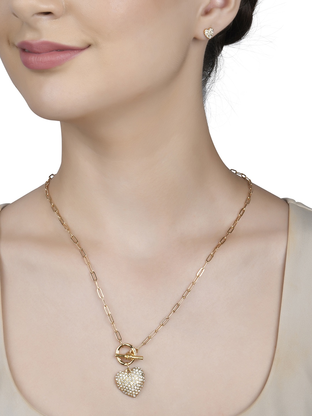 Lilly & sparkle Gold Toned Necklace With Crystal Studded Toggle Heart Charm & Stud Earrings
Lilly & sparkle Gold Toned Necklace With Crystal Studded Toggle Heart Charm & Stud Earrings