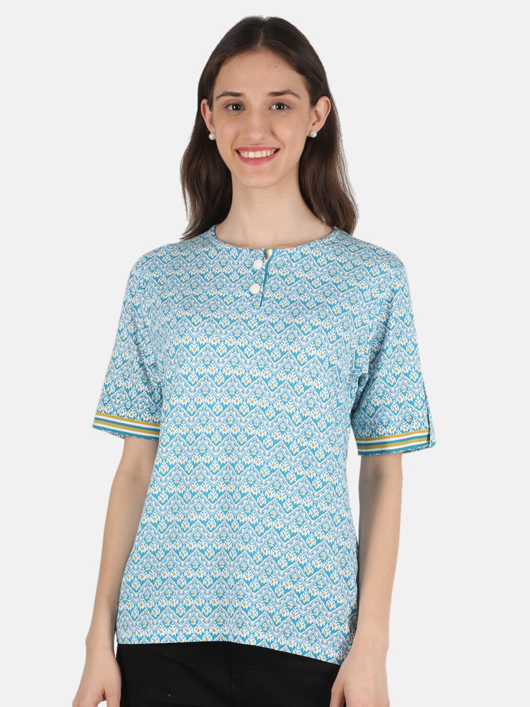 Monte Carlo Women Blue Abstract Printed Cotton Blend Top