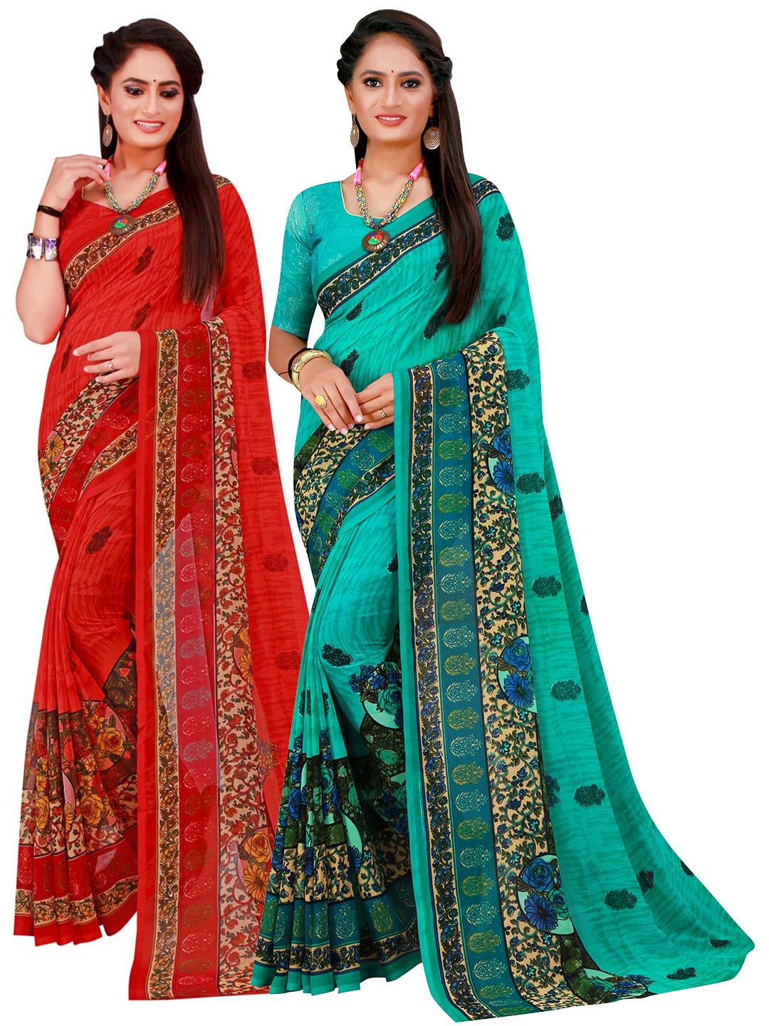 SAADHVI Red & Turquoise Blue Set Of 2 Pure Georgette Saree