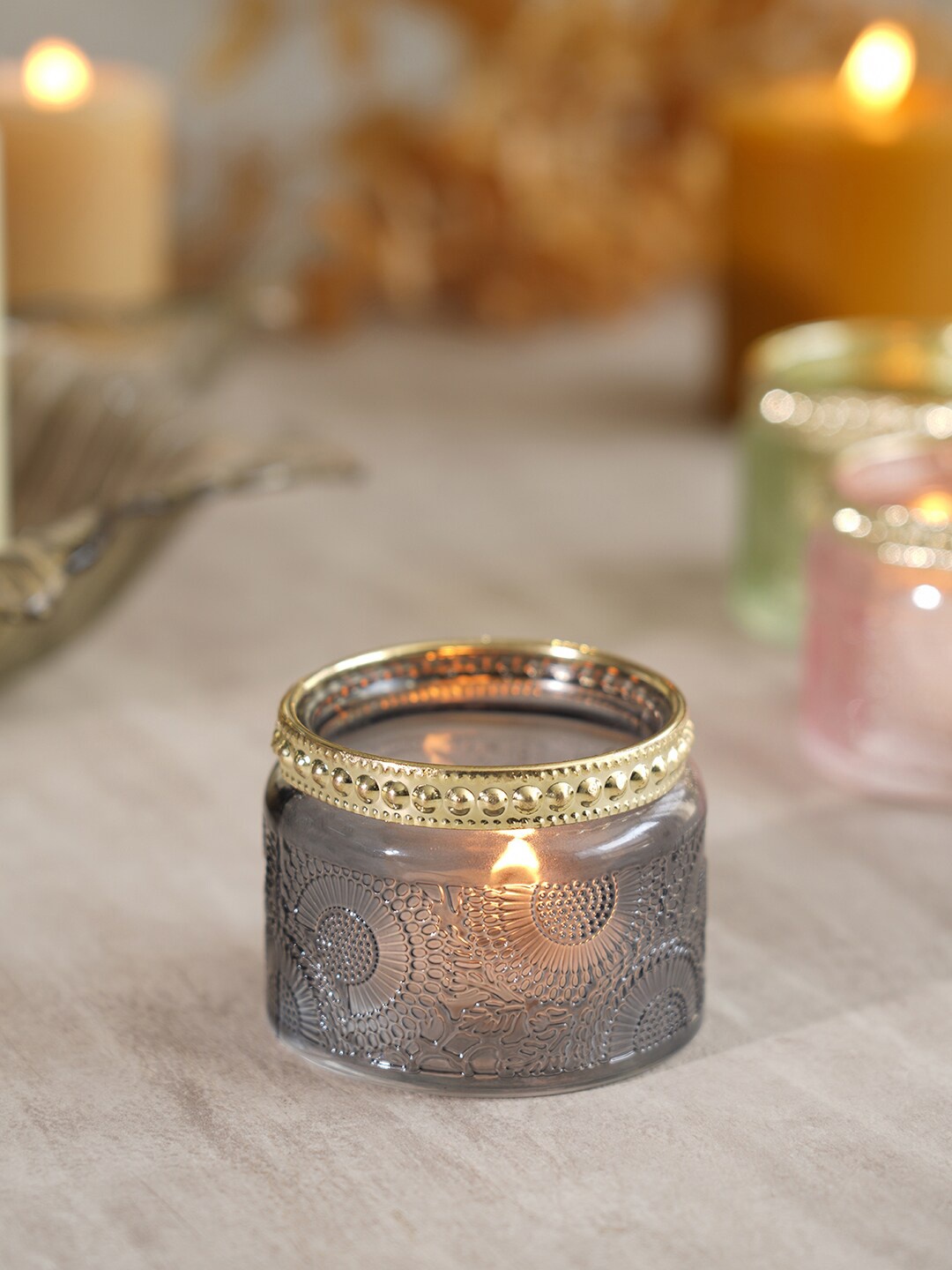 Pure Home and Living Grey & Gold-Toned Set of 4 Clear Candle Holder, Transparent
