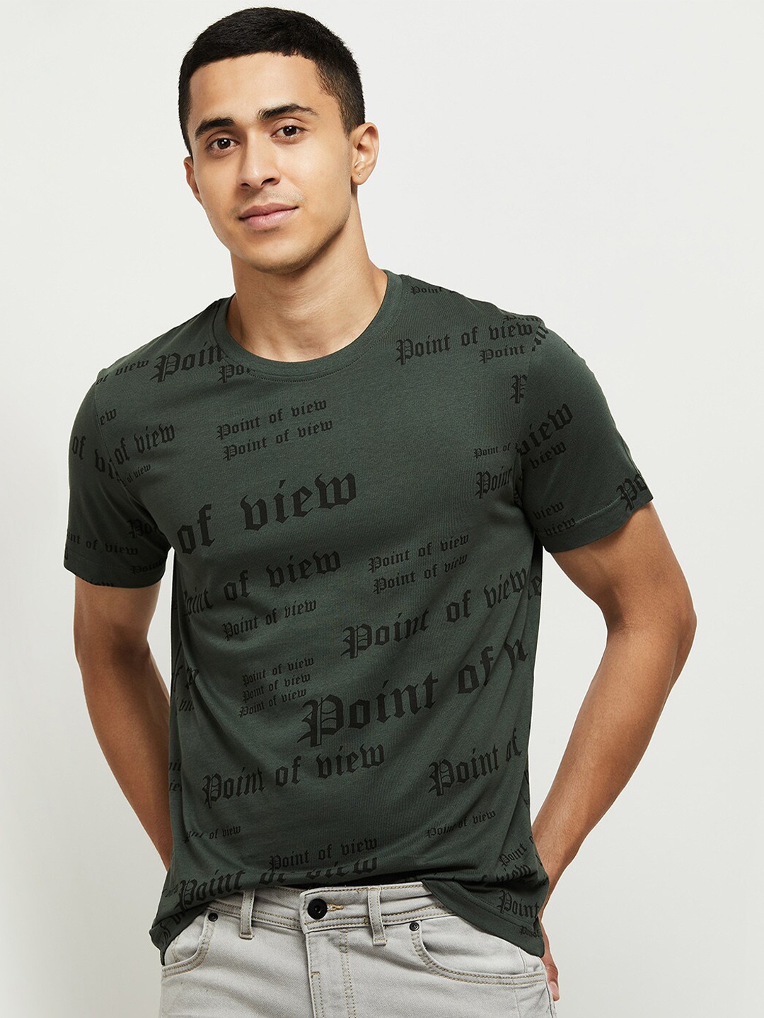 max Men Olive Green Typography Printed T-shirt