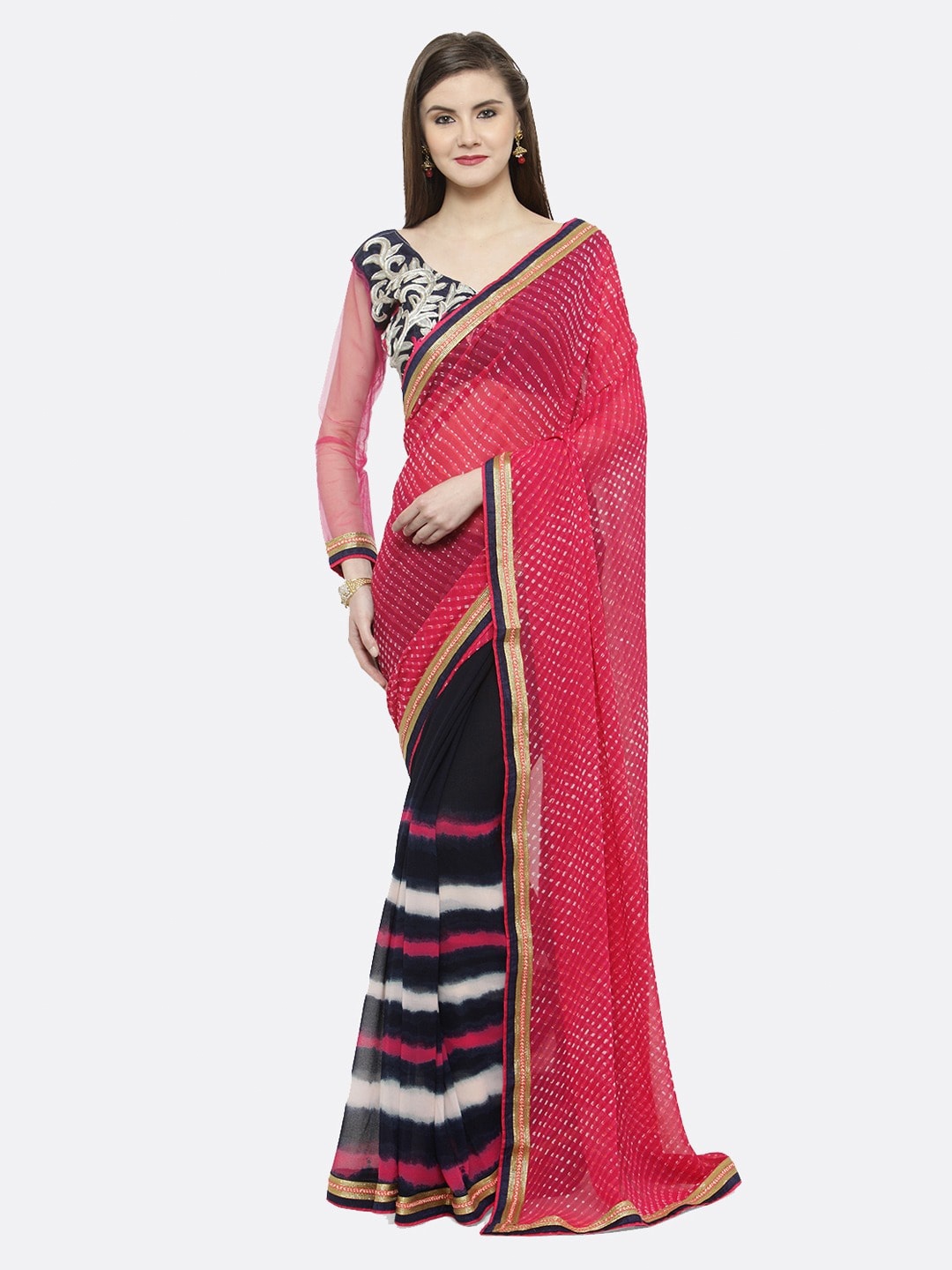 Mitera Pink & Navy Blue Pure Georgette Saree