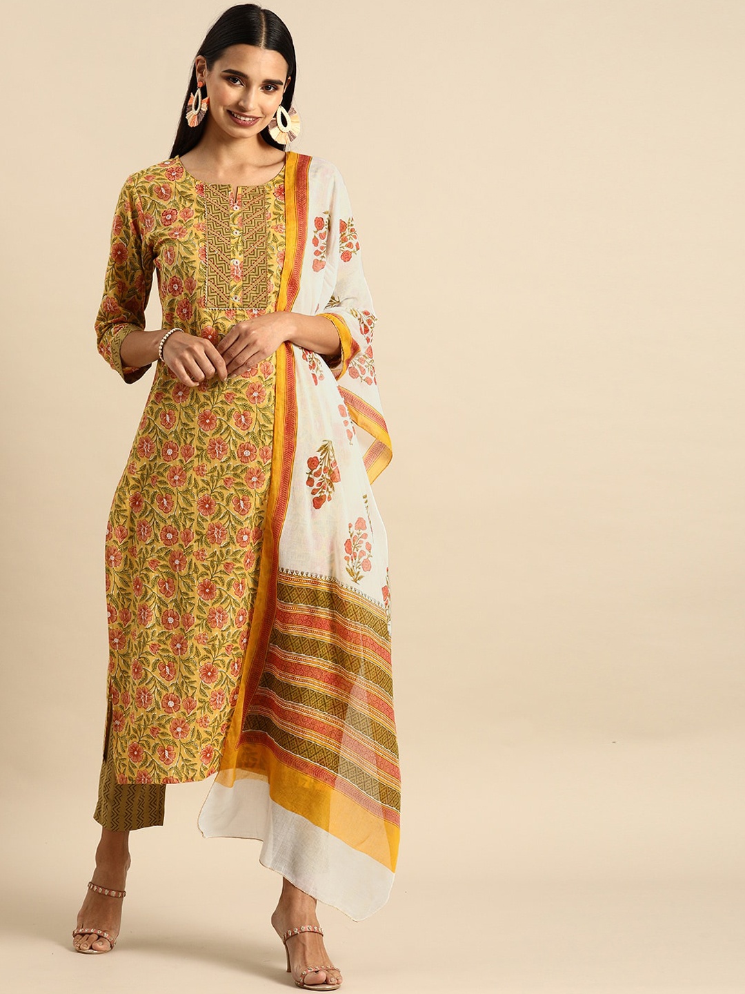 Varanga Women Mustard Yellow & Red Printed Pure Cotton Kurta with Trousers & With Dupatta
Varanga Women Mustard Yellow & Red Printed Pure Cotton Kurta with Trousers & With Dupatta