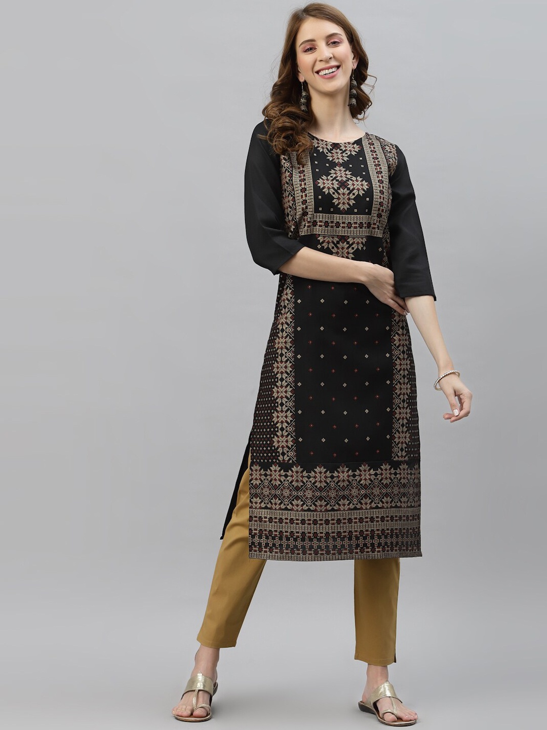 KALINI Women Black & Beige Ethnic Motifs Printed Kurta
