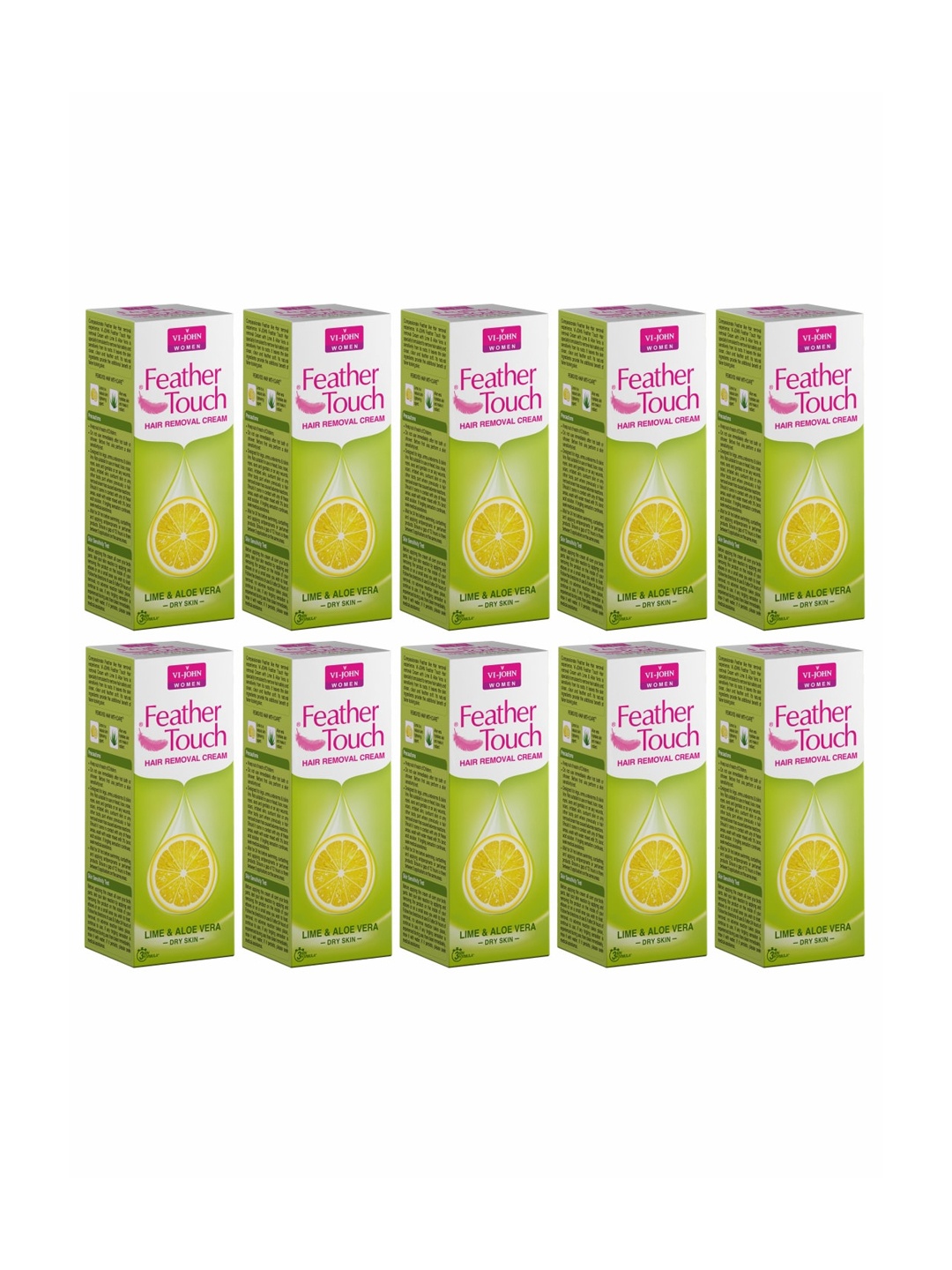 VI-JOHN Set of 10 Feather Touch Lime & Aloevera Hair Removal Cream 40 g Each, Lime green
VI-JOHN Set of 10 Feather Touch Lime & Aloevera Hair Removal Cream 40 g Each, Lime green