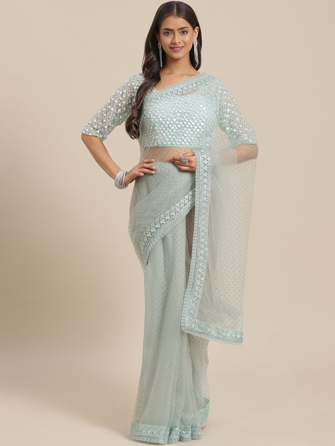 Chhabra 555 Turquoise Blue Embroidered & Stone Embellished Tulle Saree with Pleated Border
Chhabra 555 Turquoise Blue Embroidered & Stone Embellished Tulle Saree with Pleated Border
