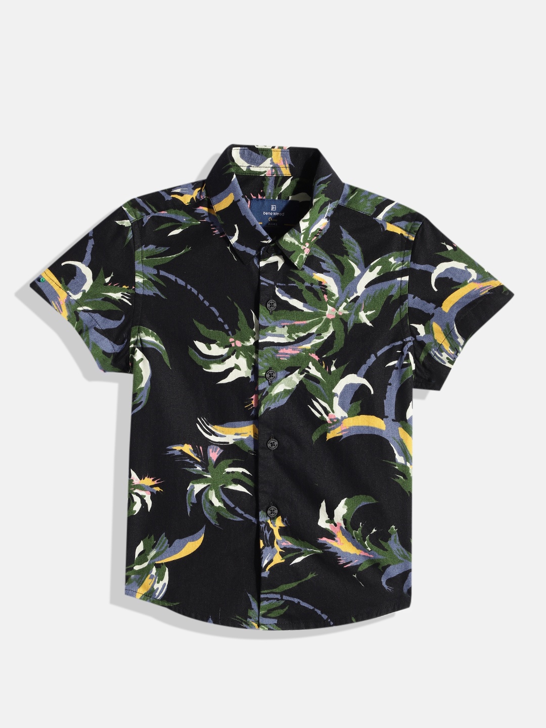 Bene Kleed Boys Black Standard Slim Fit Floral Printed Cotton Casual Shirt