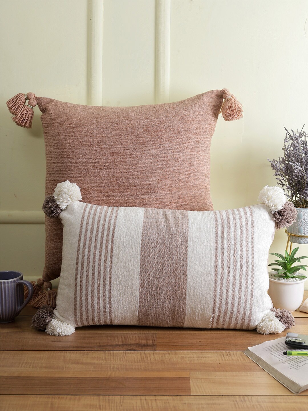eyda White & Pink Set of 2 Striped Rectangle Cushion Covers