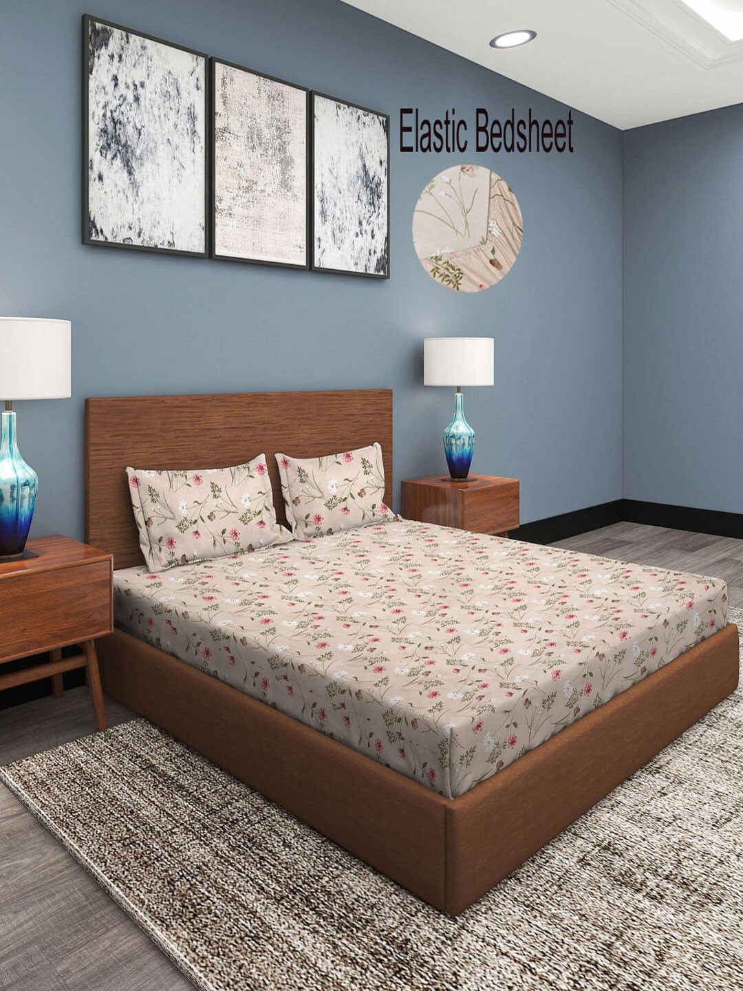 KLOTTHE Beige & Green Floral 300 TC Fitted Super King Double Bedsheet with 2 Pillow Covers 
KLOTTHE Beige & Green Floral 300 TC Fitted Super King Double Bedsheet with 2 Pillow Covers