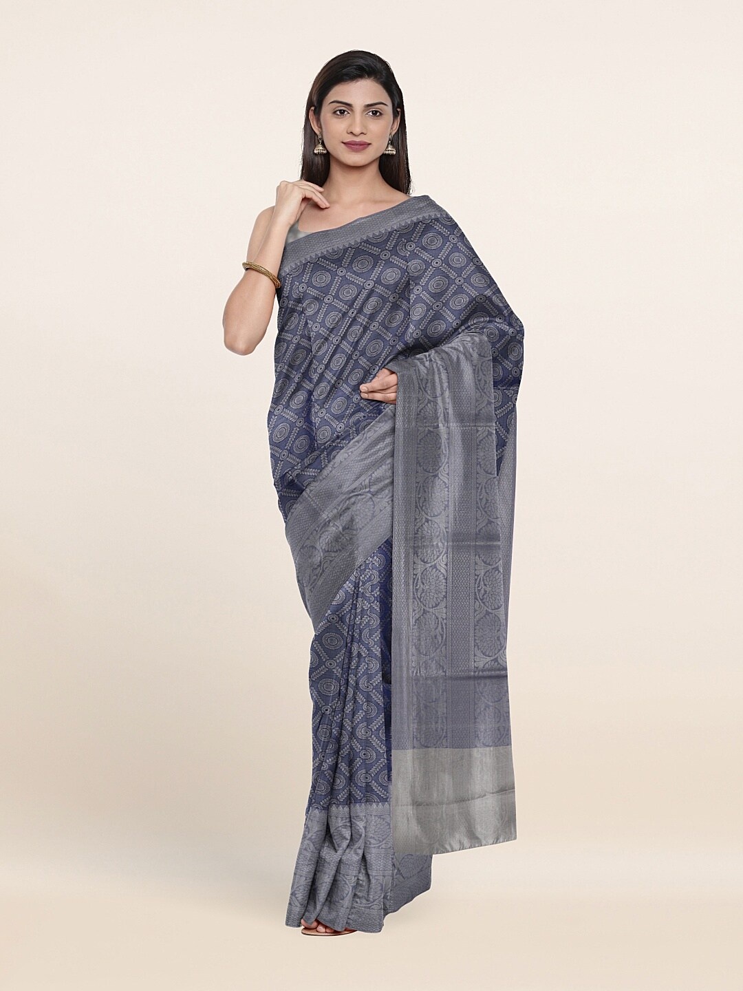 Pothys Blue & Grey Checked Art Silk Saree