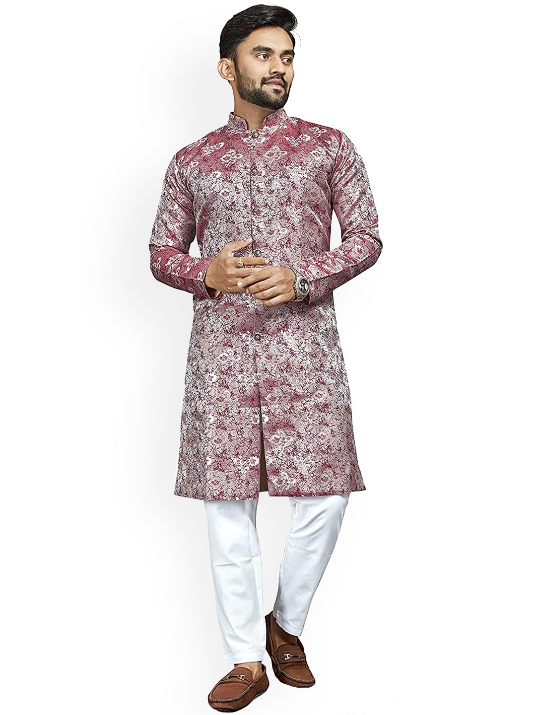 amzira Men Red & Silver-Colored Woven-Design Sherwani