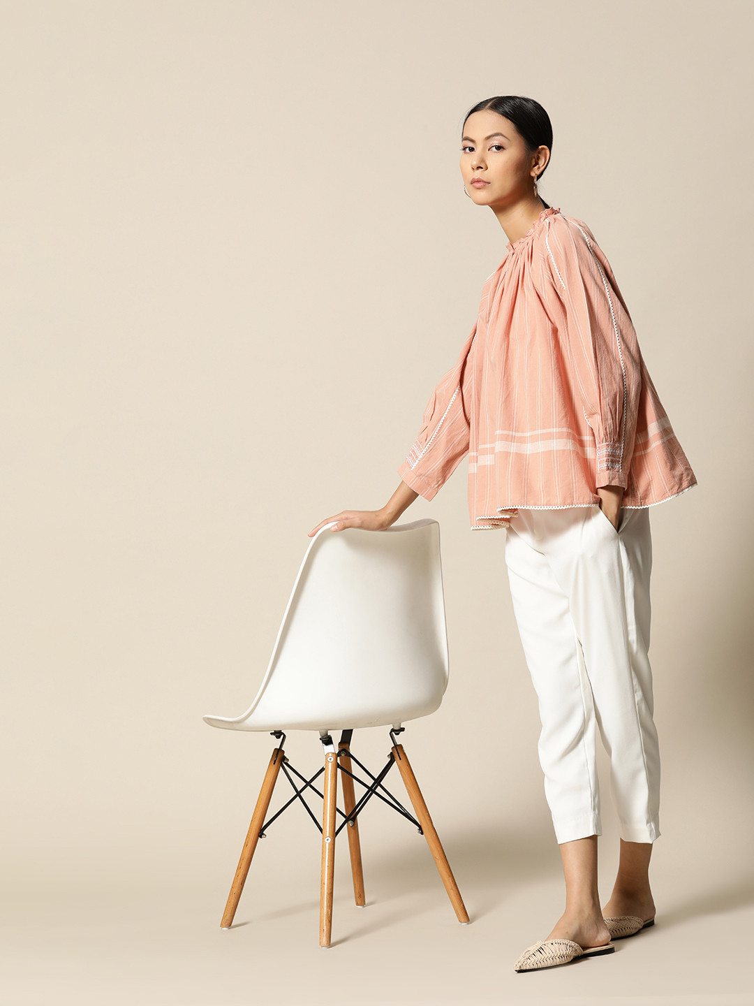BOWER Salmon & White Pure Cotton Striped Embroidered Top, Beige 
BOWER Salmon & White Pure Cotton Striped Embroidered Top, Beige