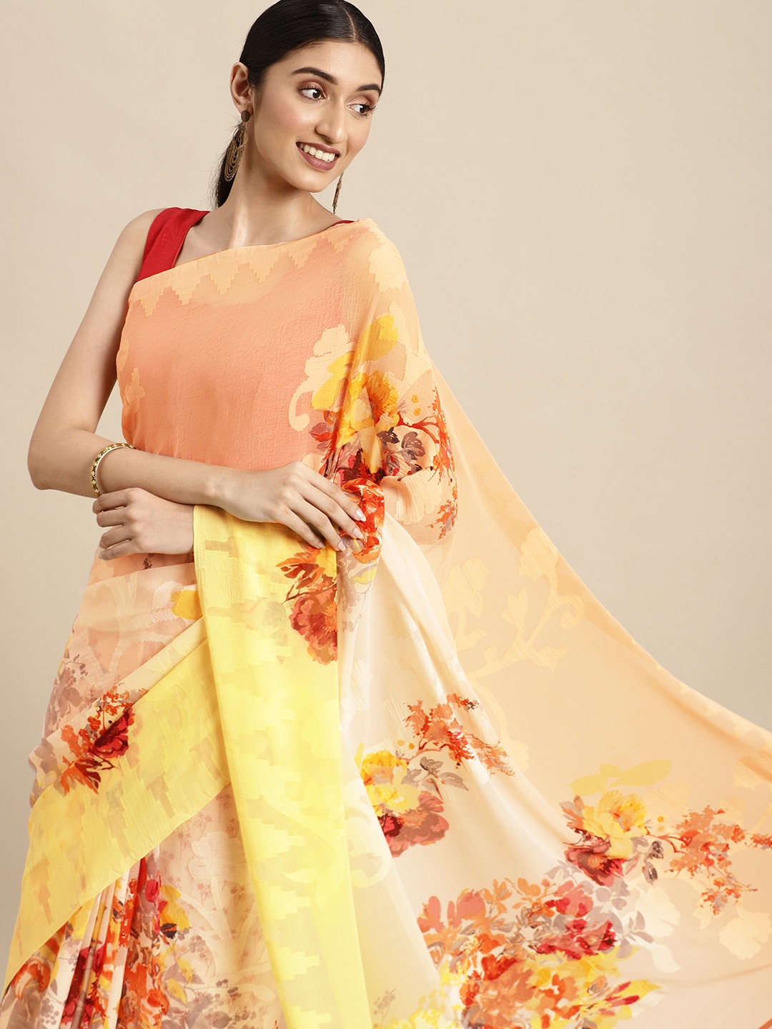 SANGAM PRINTS Yellow & Red Floral Saree