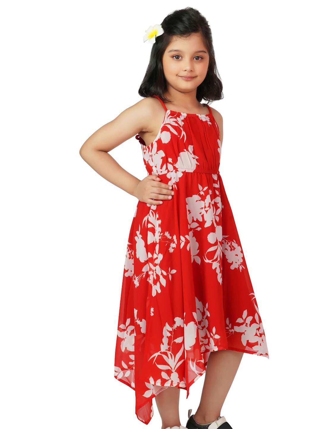 Dress My Angel Red Floral Asymmetric Georgette A-Line Dresses