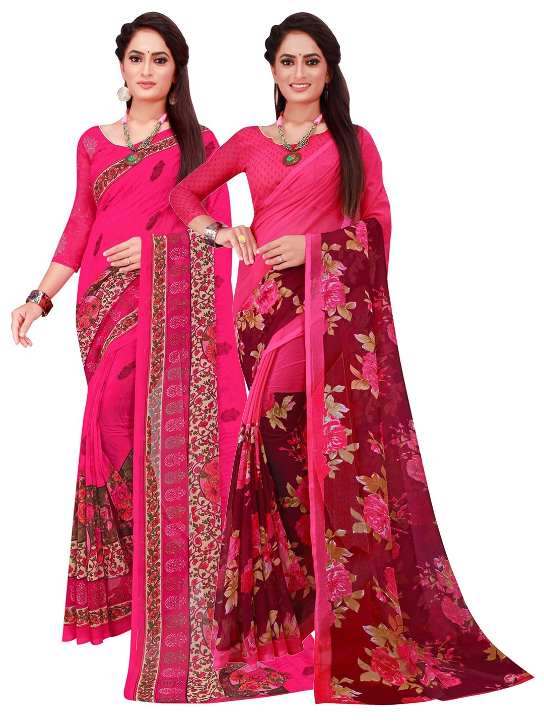 SAADHVI Pack Of 2 Magenta & Pink Pure Georgette Saree