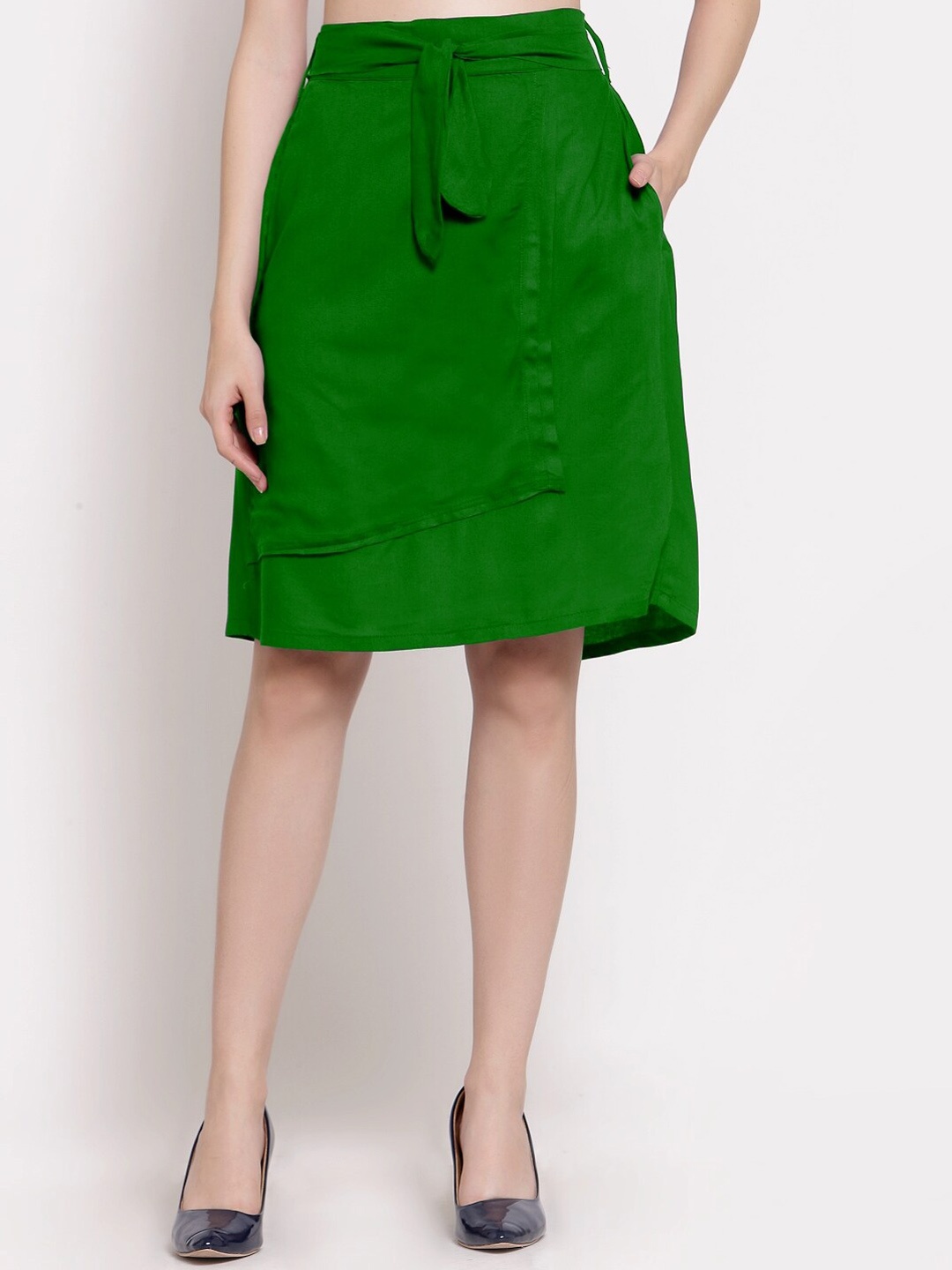 PATRORNA Women Plus Size Green Solid A-Line Flared Skirt
