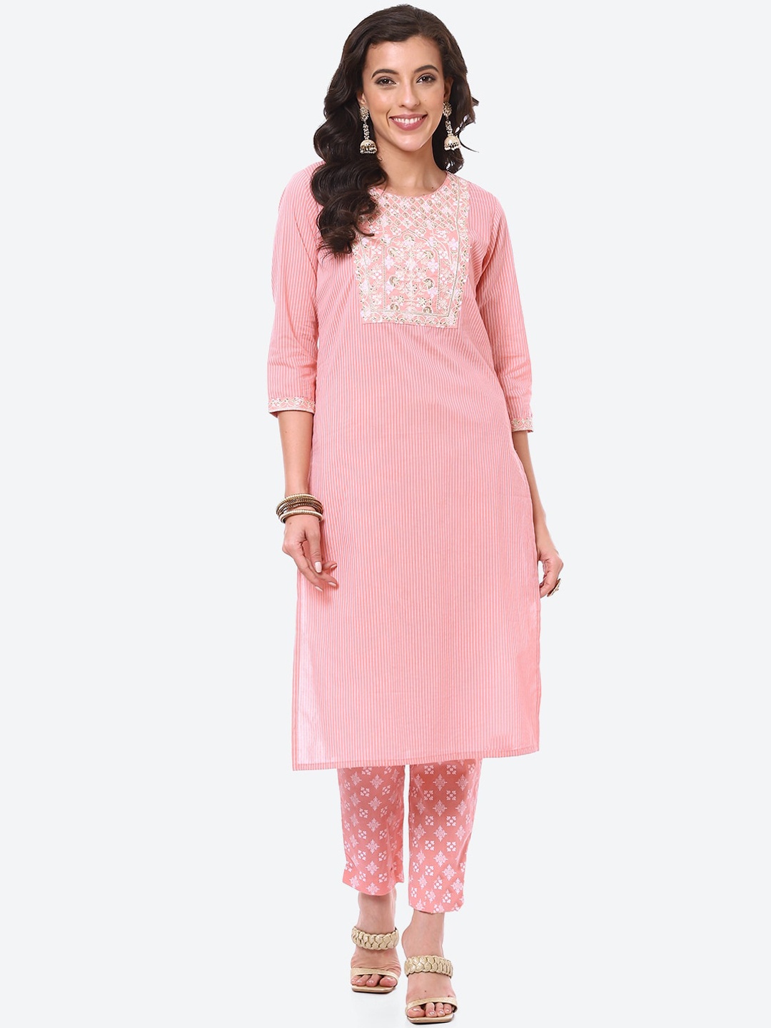 Meena Bazaar Women Pink Floral Yoke Design Thread Work Pure Cotton Kurti with Trousers
Meena Bazaar Women Pink Floral Yoke Design Thread Work Pure Cotton Kurti with Trousers