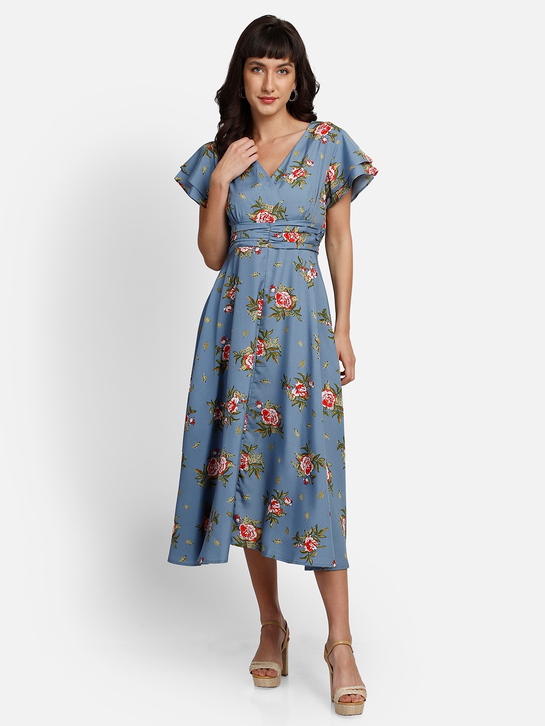 YOU FOREVER Blue & Yellow Floral Crepe Midi Dress