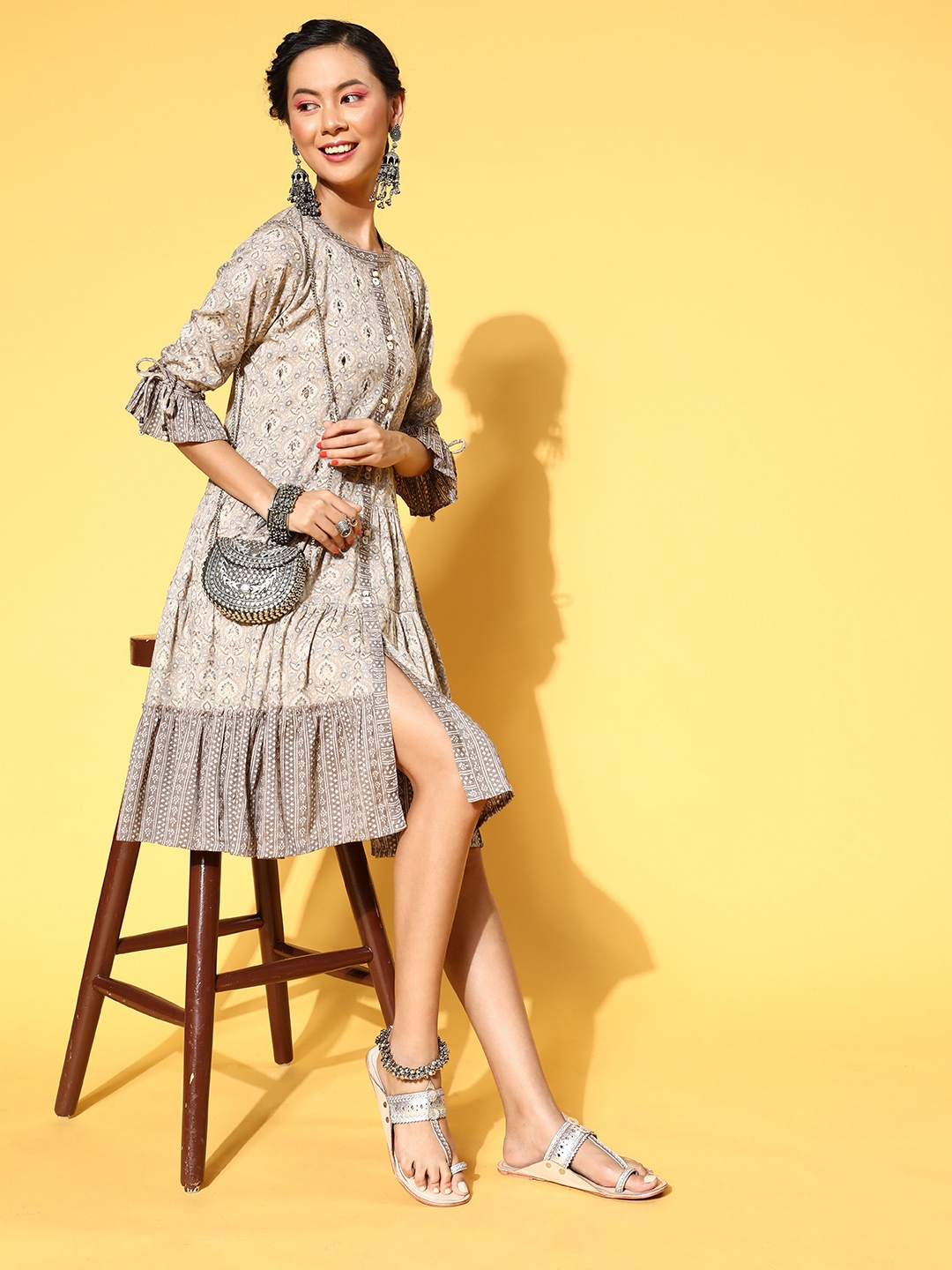 ZOLA Grey & Beige Ethnic Motifs A-Line Dress