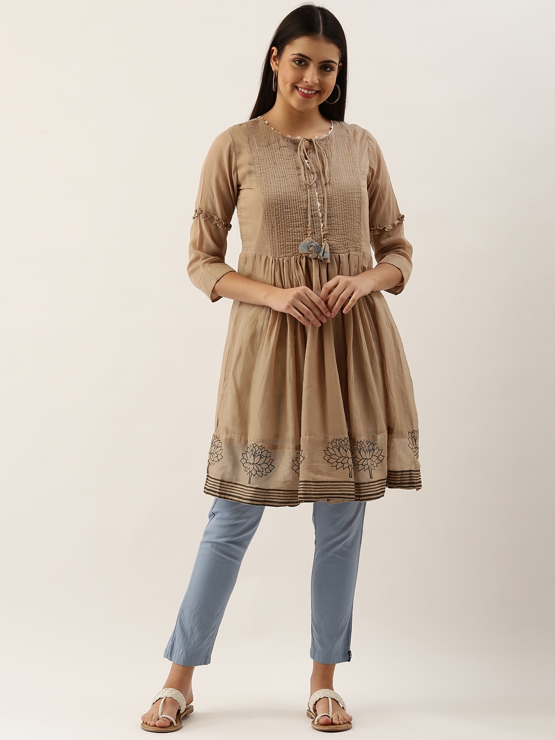Saanjh Women Brown Floral Printed Kurta