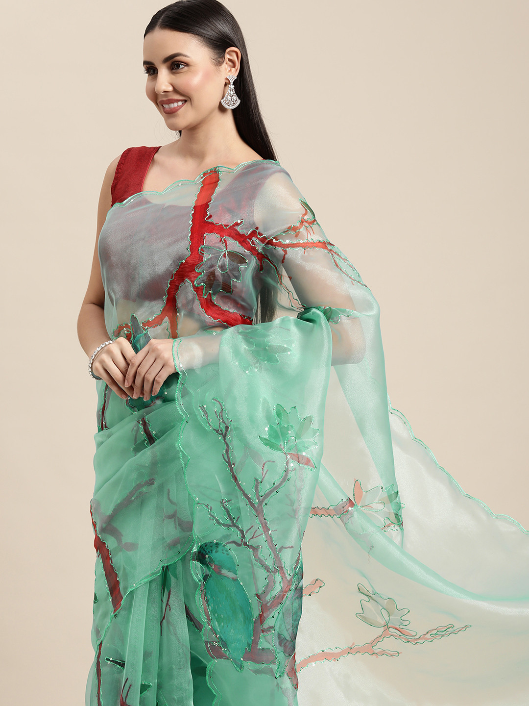 VASTRANAND Blue & Red Floral Sequinned Organza Saree 
VASTRANAND Blue & Red Floral Sequinned Organza Saree