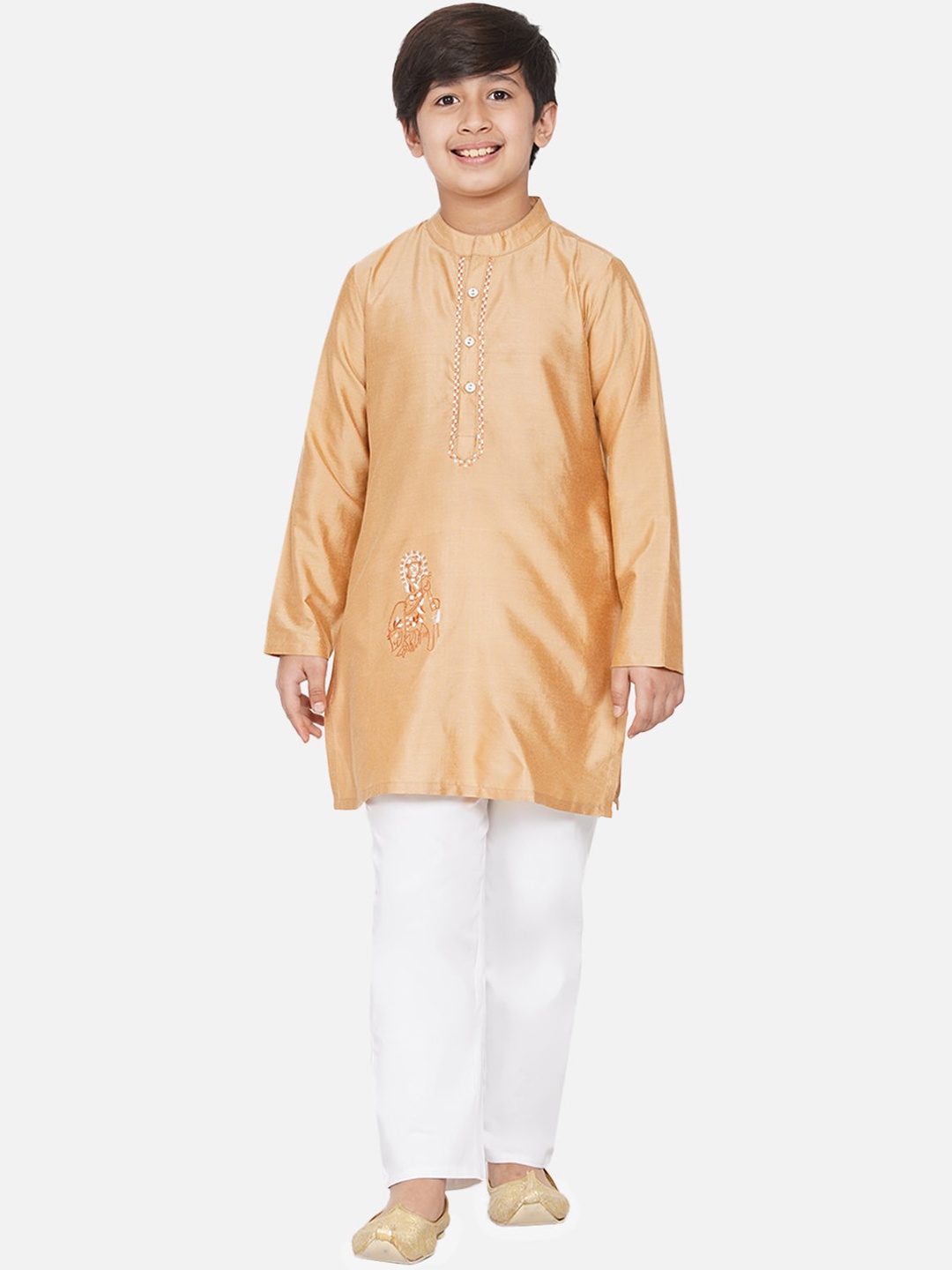 titliyan Boys Beige Floral Embroidered Thread Work Straight Kurta