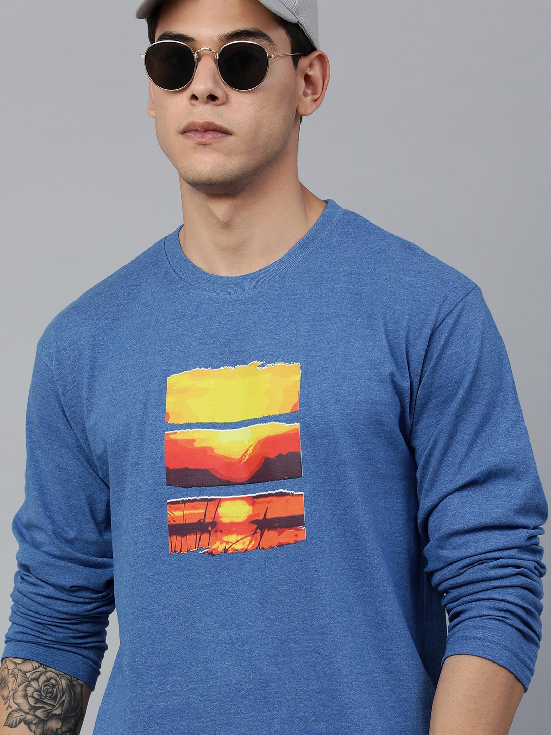 Jolie robe Men Blue & Yellow Printed Pure Cotton T-shirt