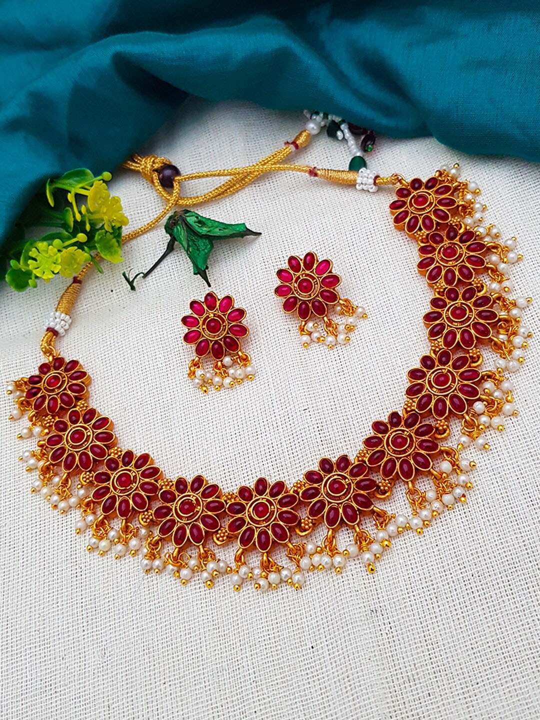 GRIIHAM Gold-Plated Red Floral Design Stone-Studded & Pearl beaded Jewellery Set